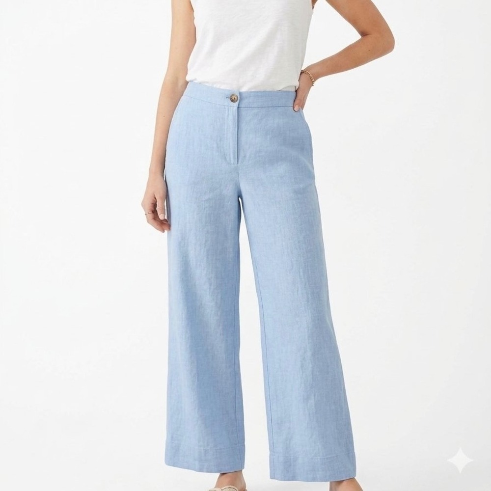 J.Jill Love Linen Blue Wide Leg Cropped Pant 100% Linen Coastal Grandmother Sz M